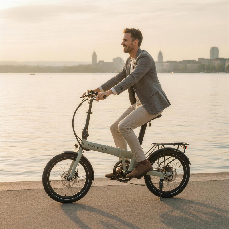 Cremegrünes TWHEELS E-Bike City Faltrad an der Zürichsee-Promenade