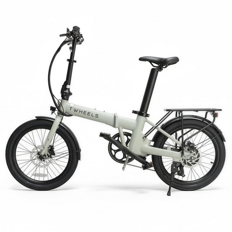 TWHEELS E-Bike City Faltrad in Cremegrün mit Gepäckträger, Studioaufnahme