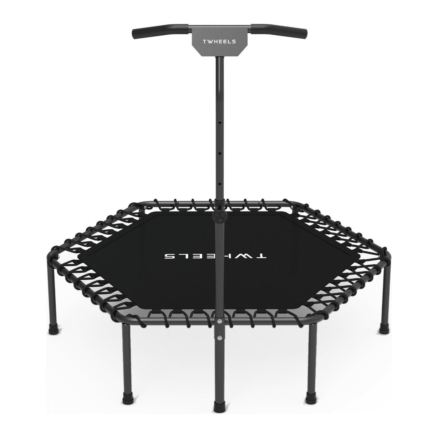 TWHEELS Fitness-Trampolin mit schwarzer Sprungfläche, T-Griff und Bungee-Federung auf weissem Hintergrund