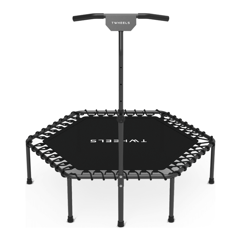 TWHEELS Fitness-Trampolin mit schwarzer Sprungfläche, T-Griff und Bungee-Federung auf weissem Hintergrund