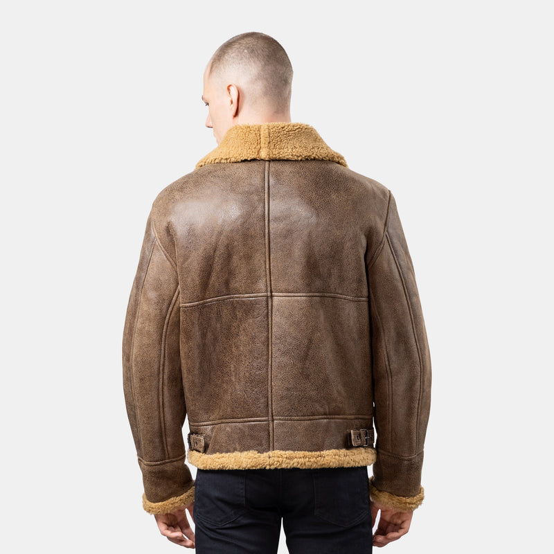 GÖTTIG Shearling-Lederjacke Braun, Rückenansicht mit Teilungsnähten und seitlichen Schnallen