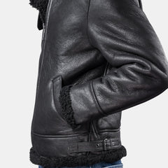 GÖTTIG Shearling-Lederjacke Schwarz, Detail Seitentasche und Schnalle am Saum