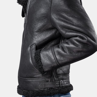 GÖTTIG Shearling-Lederjacke Schwarz, Detail Seitentasche und Schnalle am Saum