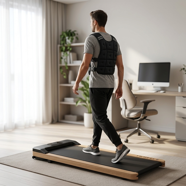 Mann trägt die TWHEELS Gewichtsweste beim Gehen auf dem WalkingPad