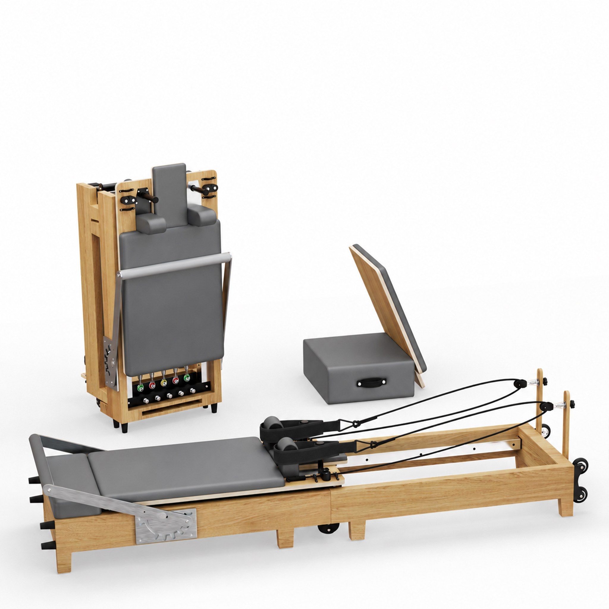 TWHEELS Pilates Reformer aus Ahornholz mit Sitz-Riser, aufgebaut und gefaltet