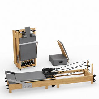 TWHEELS Pilates Reformer aus Ahornholz mit Sitz-Riser, aufgebaut und gefaltet