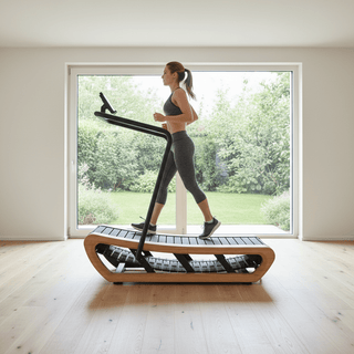 Sportlerin trainiert auf der TWHEELS Sprinting Machine aus Eichenholz im hellen Home-Gym