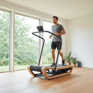 Frau läuft auf dem motorlosen TWHEELS Curved-Laufband aus Eichenholz im Home-Gym