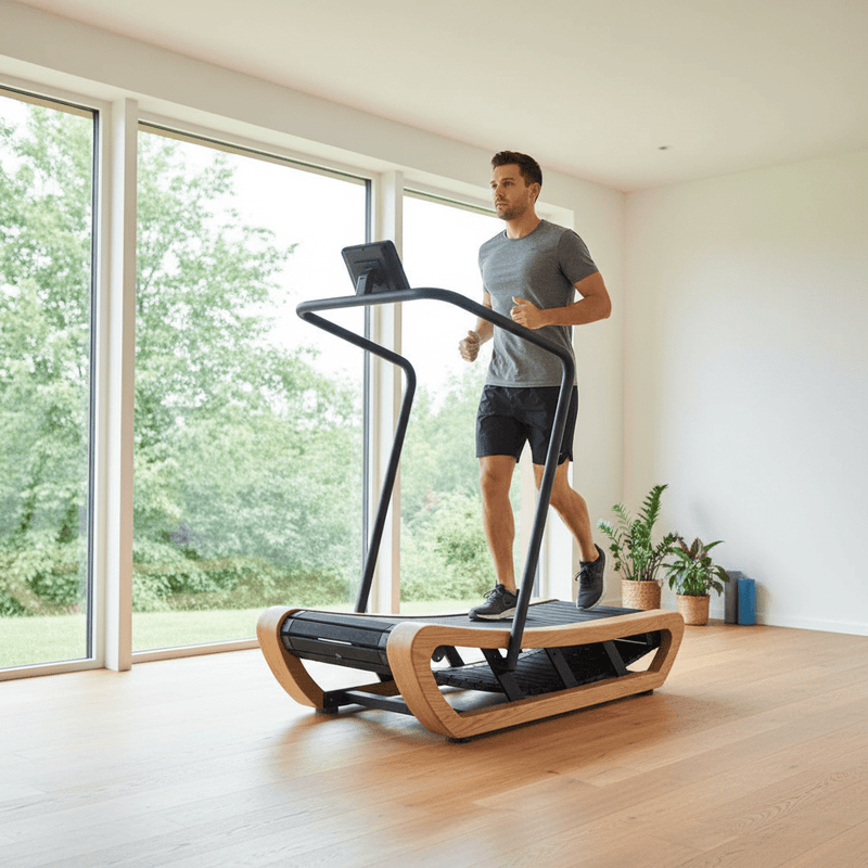 Frau läuft auf dem motorlosen TWHEELS Curved-Laufband aus Eichenholz im Home-Gym