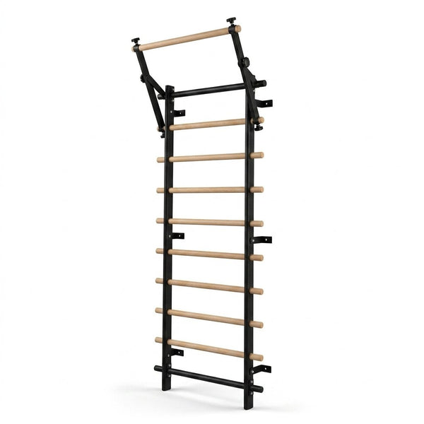TWHEELS Sprossenwand mit Pull Up und Dip Bar auf weissem Hintergrund