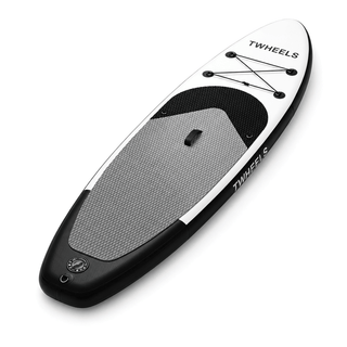 TWHEELS Stand-up-Paddleboard in Weiss und Schwarz, freigestellt in Dreiviertelansicht