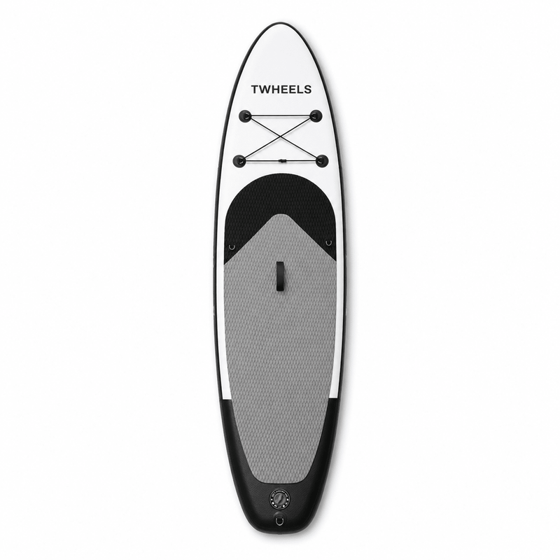 TWHEELS Stand-up-Paddleboard in Weiss, Schwarz und kühlem Silbergrau aus der Draufsicht.