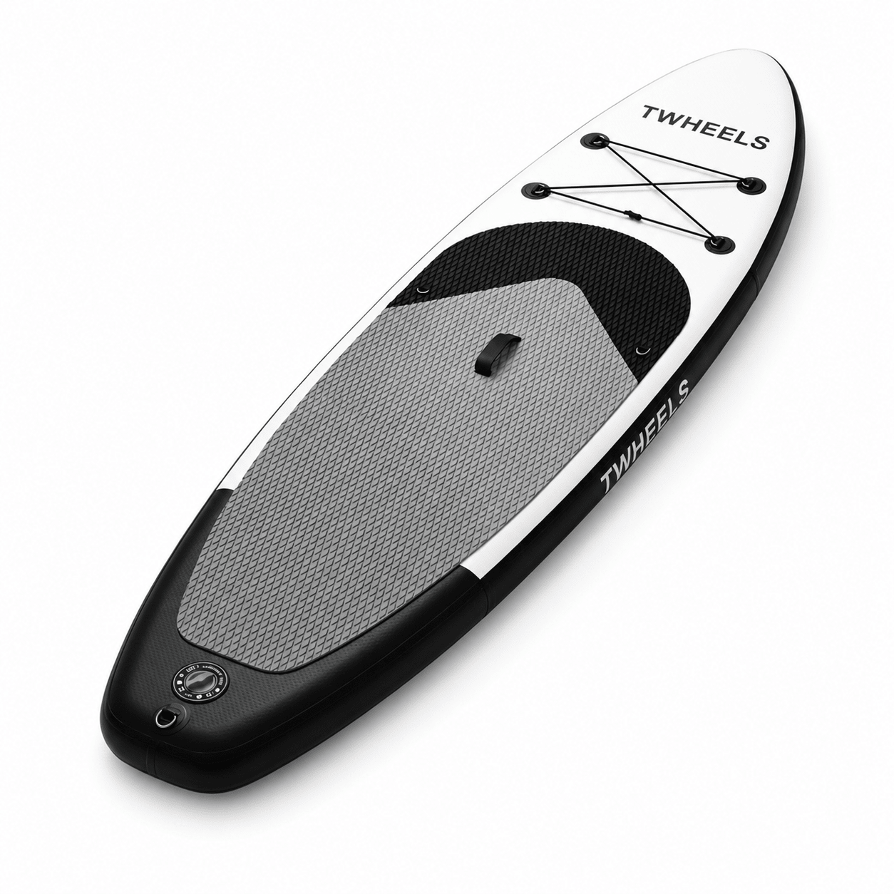 TWHEELS Stand-up-Paddleboard in Weiss, Schwarz und kühlem Silbergrau, freigestellt in Dreiviertelansicht.
