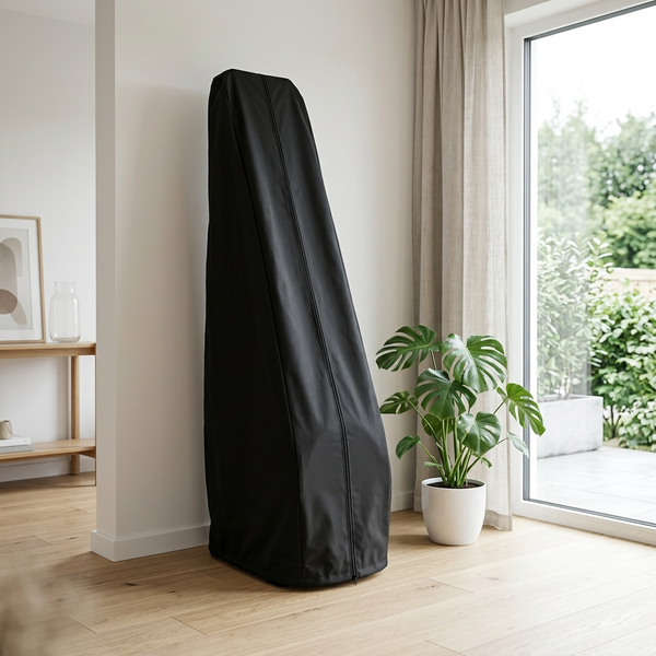 Schutzhülle über dem aufrecht gelagerten Rudergerät im Wohnzimmer