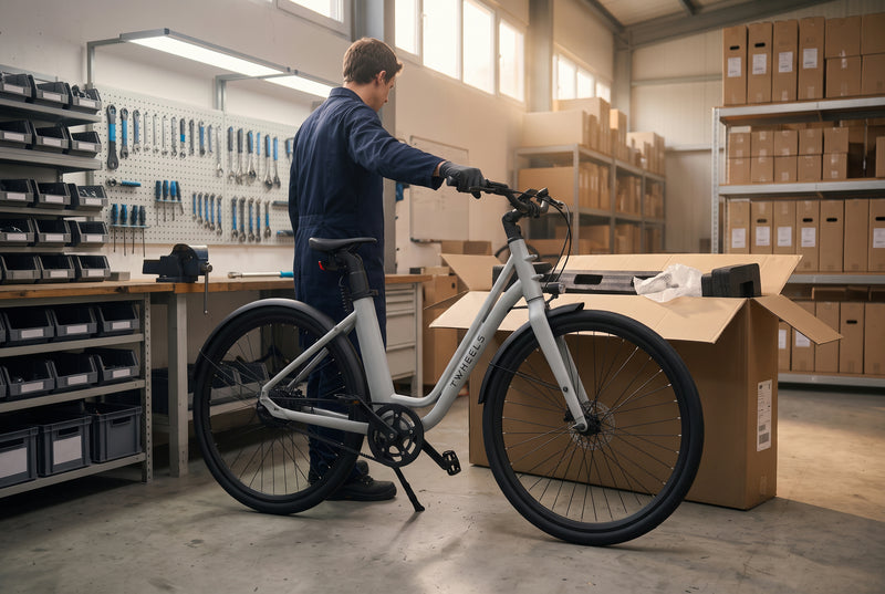 Fahrbereit aufgebautes TWHEELS E-Bike City Classic vor dem Versand