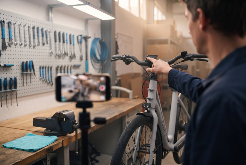 Mechaniker nimmt ein Erklärvideo zum E-Bike auf