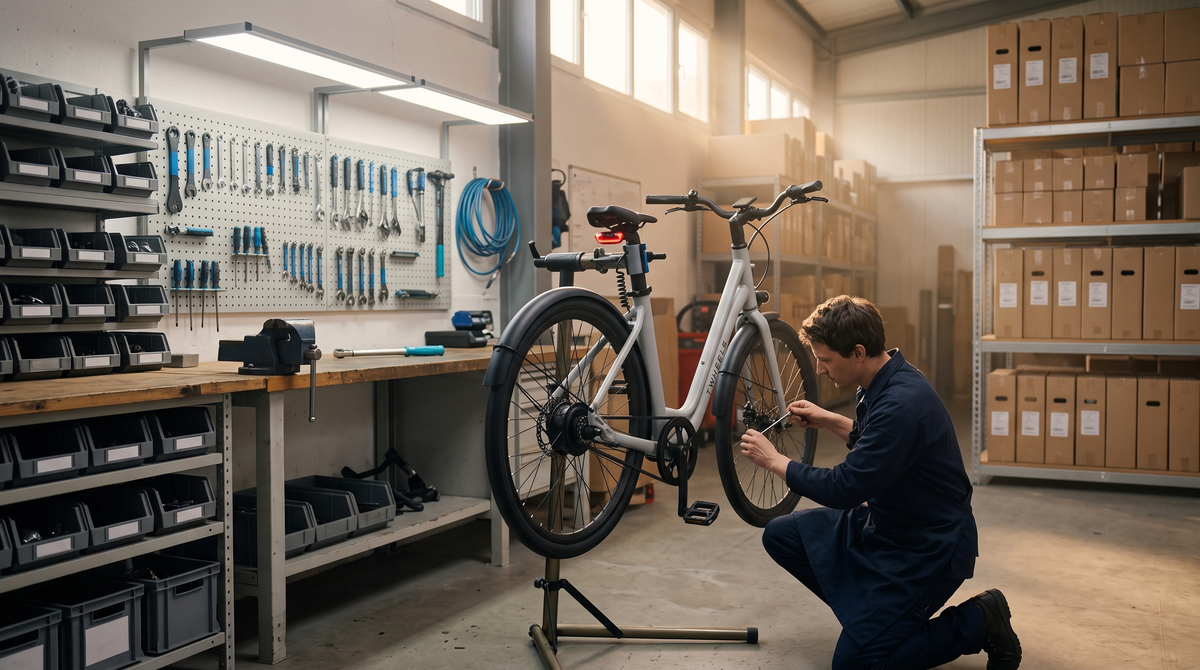 Mechaniker repariert ein TWHEELS E-Bike in der Werkstatt