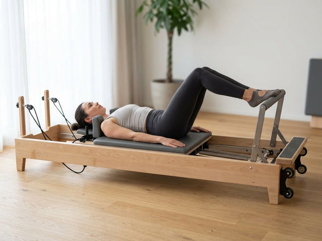 Beinpresse im Zehenstand (Footwork) auf dem Pilates Reformer aus Ahornholz (faltbar) - TWHEELS