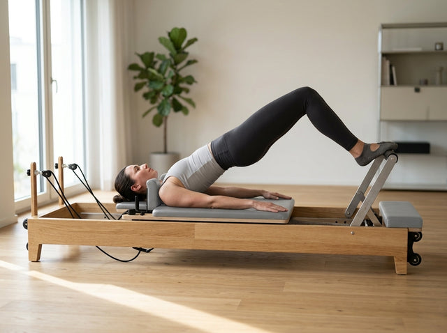 Schulterbrücke (Bridge) auf dem Pilates Reformer aus Ahornholz (faltbar) - TWHEELS