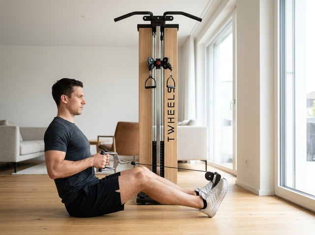 Rudern sitzend am Kabel (Seated Row) auf dem Fitness Seilzugturm aus Eichenholz – TWHEELS