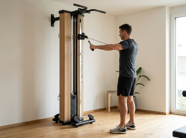 Reverse Flys einarmig (Rear Delt Fly) auf dem Fitness Seilzugturm aus Eichenholz – TWHEELS