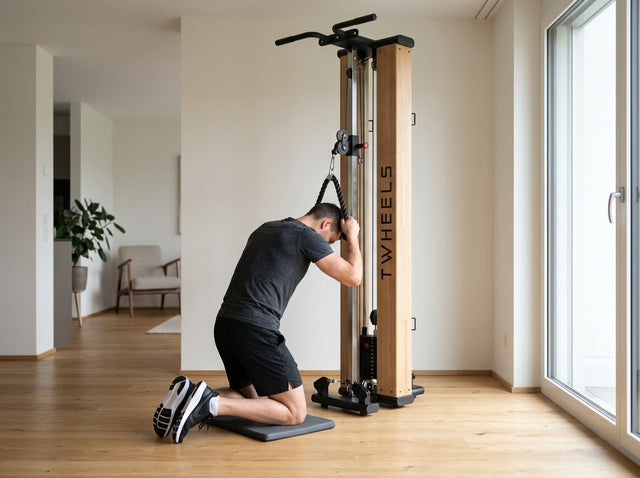 Kabel-Crunch kniend (Cable Crunch) auf dem Fitness Seilzugturm aus Eichenholz – TWHEELS
