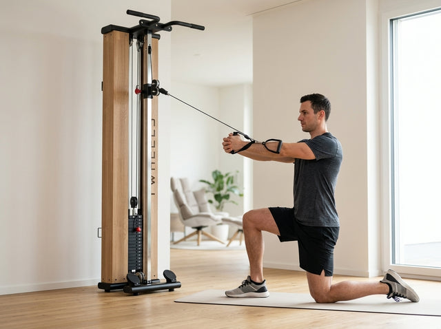 Pallof Press (Anti-Rotation) auf dem Fitness Seilzugturm aus Eichenholz – TWHEELS