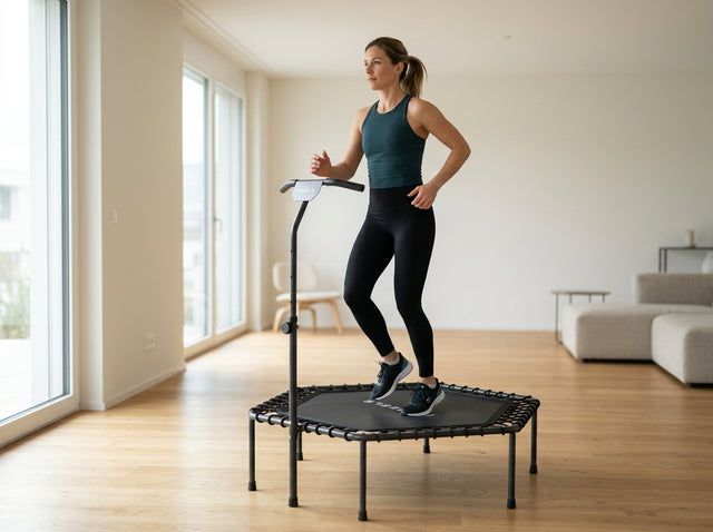 Trampolin-Jogging auf dem Fitness-Trampolin – höhenverstellbar mit T-Griff & Bungee-Federung