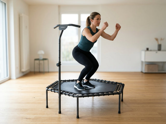 Seitliche Ski-Sprünge auf dem Fitness-Trampolin – höhenverstellbar mit T-Griff & Bungee-Federung