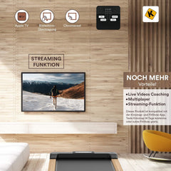 Wohnzimmer mit Laufband, TV zeigt Winterlandschaft. Icons für Apple TV, Bildschirmübertragung, Chromecast.