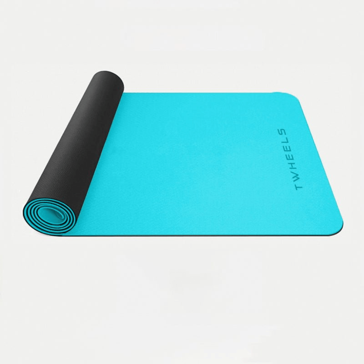 Blaue TWHEELS Yogamatte, halb ausgerollt mit schwarzer Unterseite